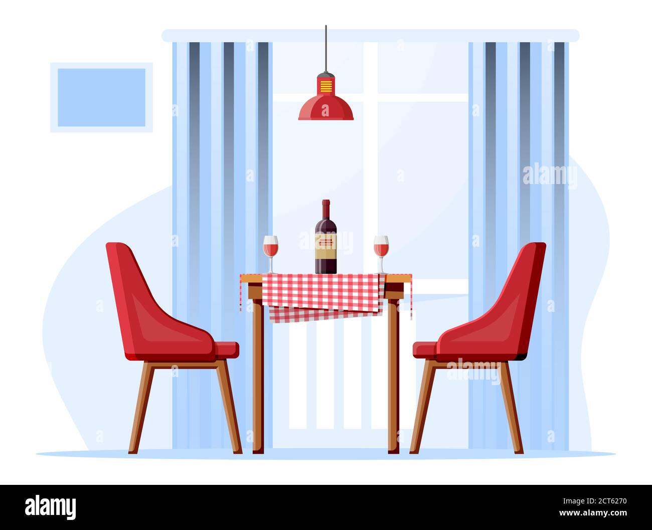 Interior of house dining room, table with chairs and lamp. Restaurant or  cafe, bottle of wine and glasses. Romantic date concept. Furniture isolated  on white. Cartoon flat vector illustration Stock Vector Image