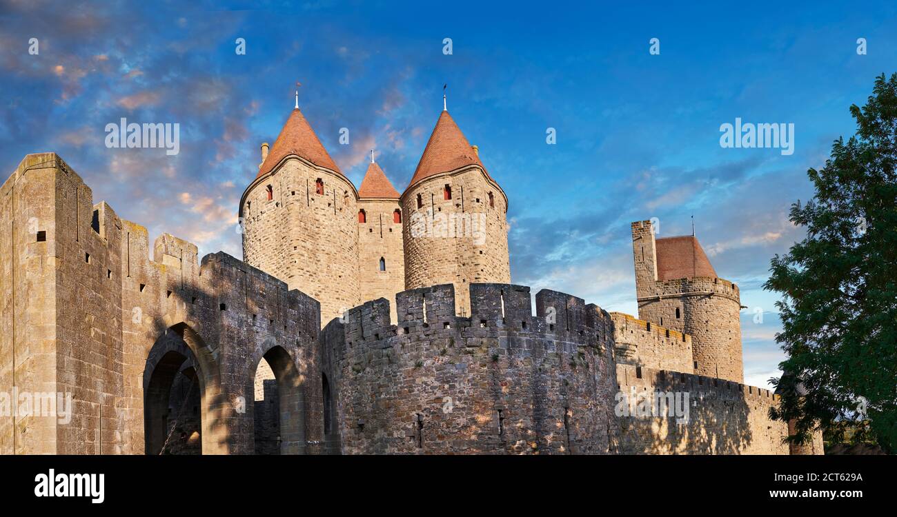 Carcassonne medieval historic fortifications and battlement walls of Carcassonne castle, Carcassonne France Stock Photo