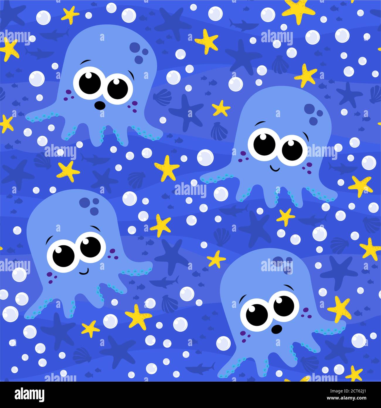 seamless pattern with cute baby blue octopus. Cartoon illustration with bubbles and under the sea background. Design for baby and child. Can be tiled Stock Vector