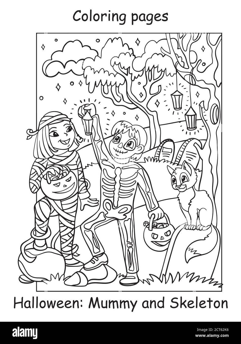 Vector coloring pages happy children in costumes of skeleton and mummy. Halloween concept. Cartoon contour illustration isolated on white. Coloring bo Stock Vector