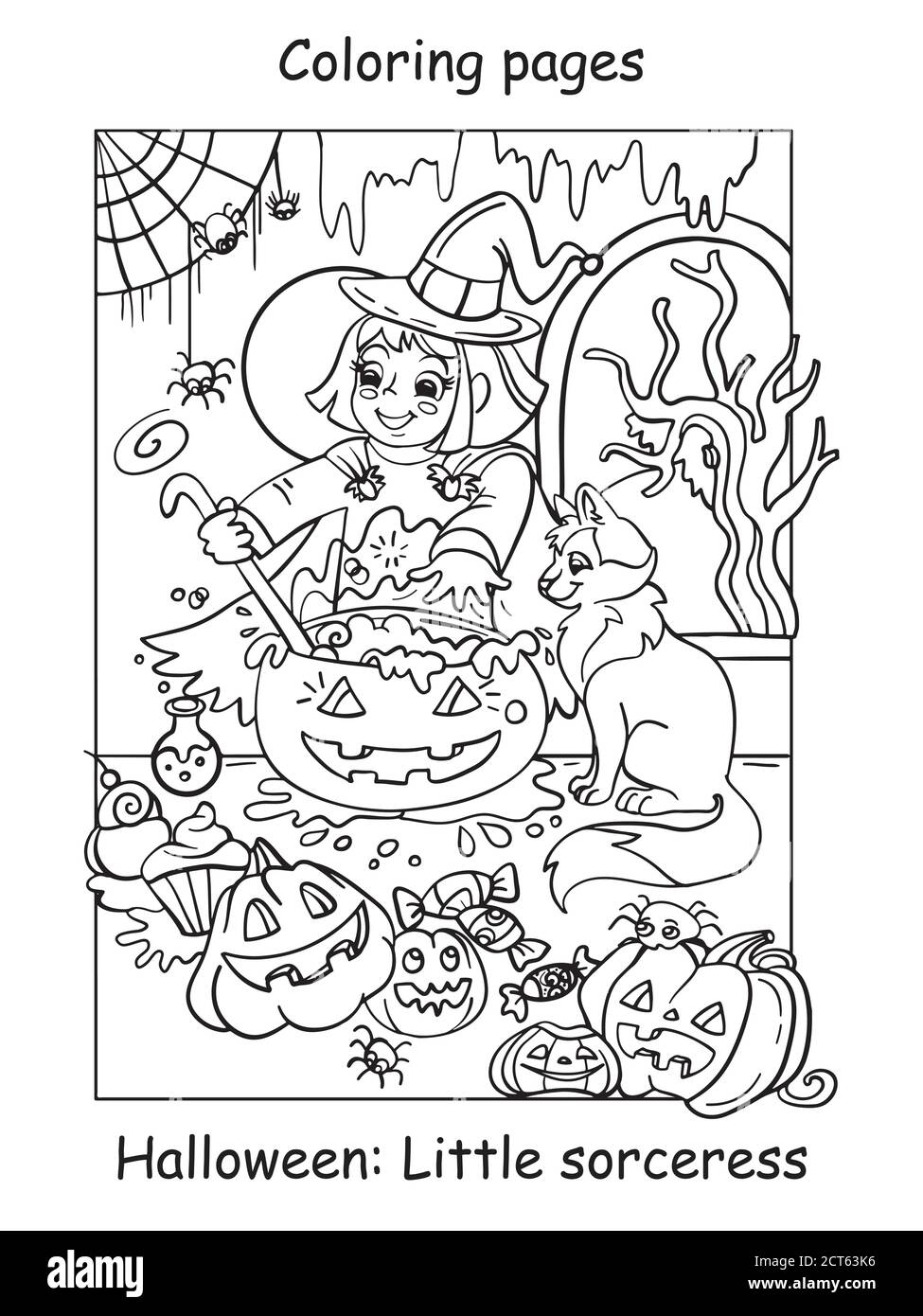 Vector coloring pages little witch cooks a pot of potion. Halloween concept. Cartoon contour illustration isolated on white background. Coloring book Stock Vector