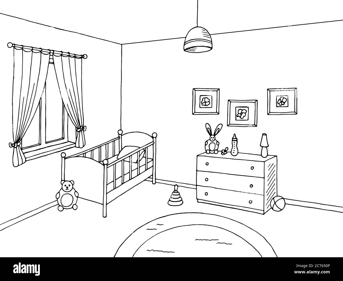 Baby room black white interior graphic art sketch illustration vector Stock Vector