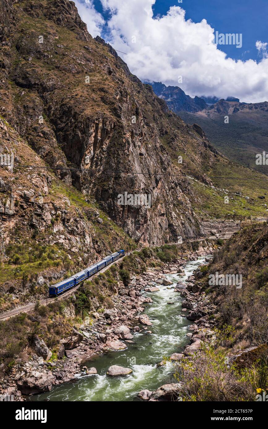 Train between Machu Picchu at Aguas Calientes and Ollantaytambo through the Sacred Valley, Cusco Region, Peru, South America Stock Photo