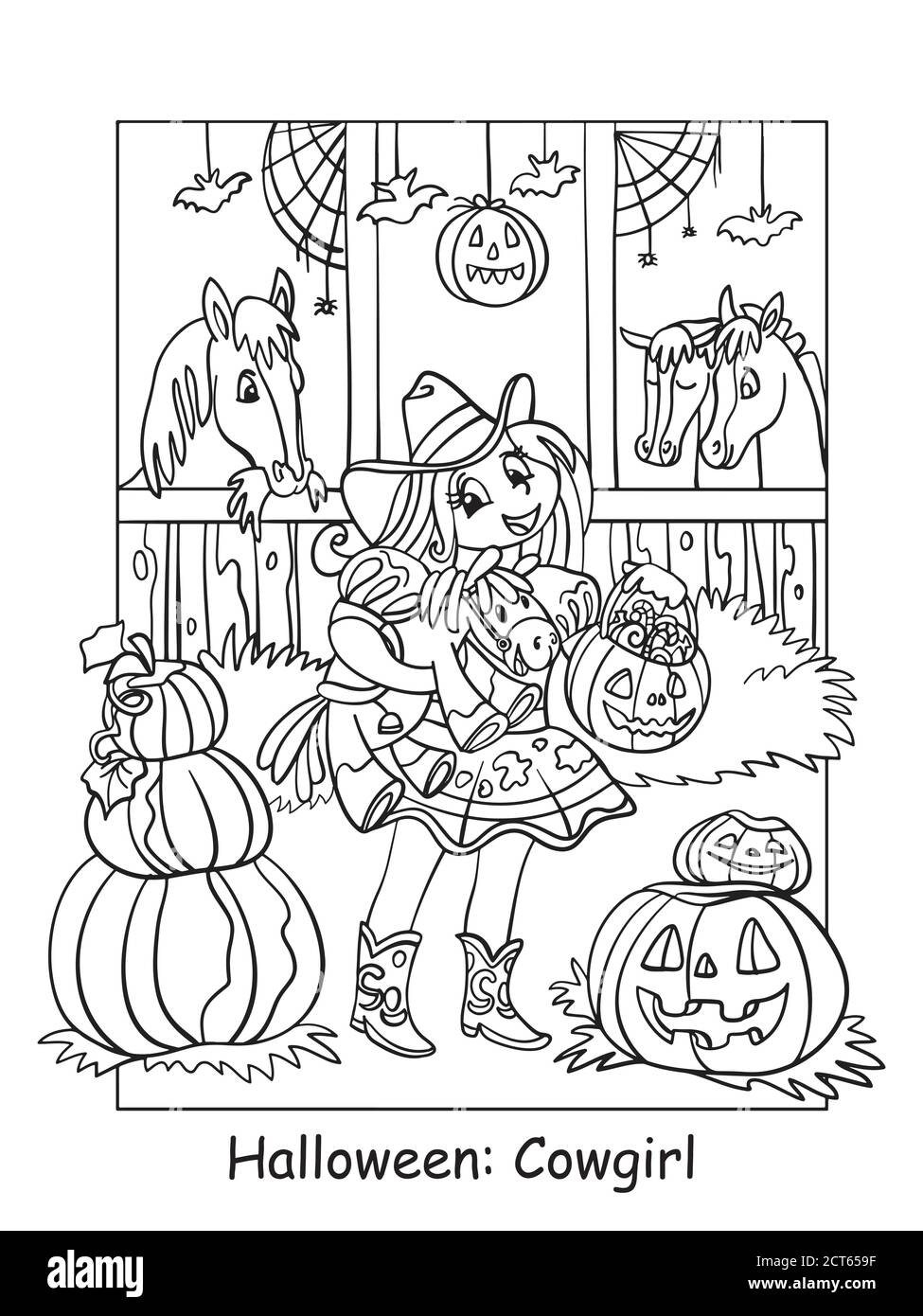 Vector coloring pages girl in costume of cowgirl in the stable. Halloween concept. Cartoon contour illustration isolated on white. Coloring book for c Stock Vector