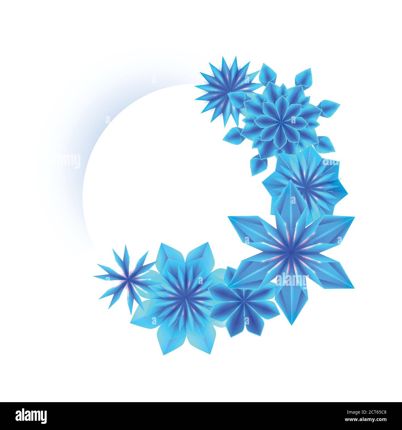 Round frame with blue origami snowflakes and place for text on white ...