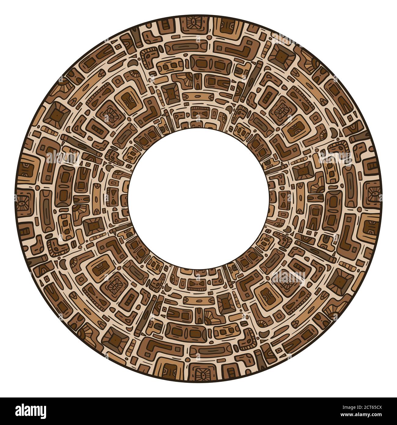Round frame with tribal doodle pattern from geometric shapes.  The object is separated from the background. Vector template with  native pattern for i Stock Vector