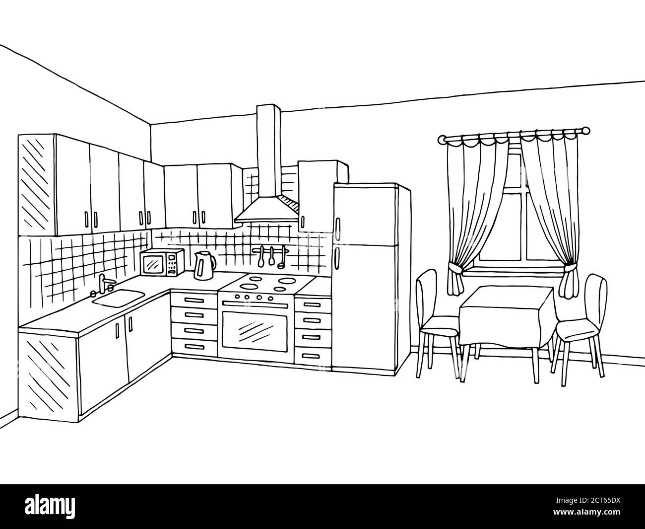 Kitchen room interior black white graphic art sketch illustration vector Stock Vector