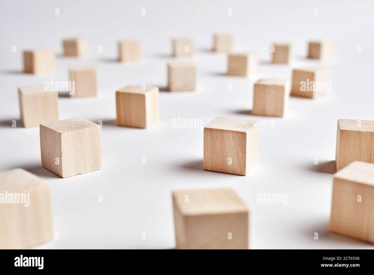 Blank wooden cubes or blocks in a row placed on white background Stock