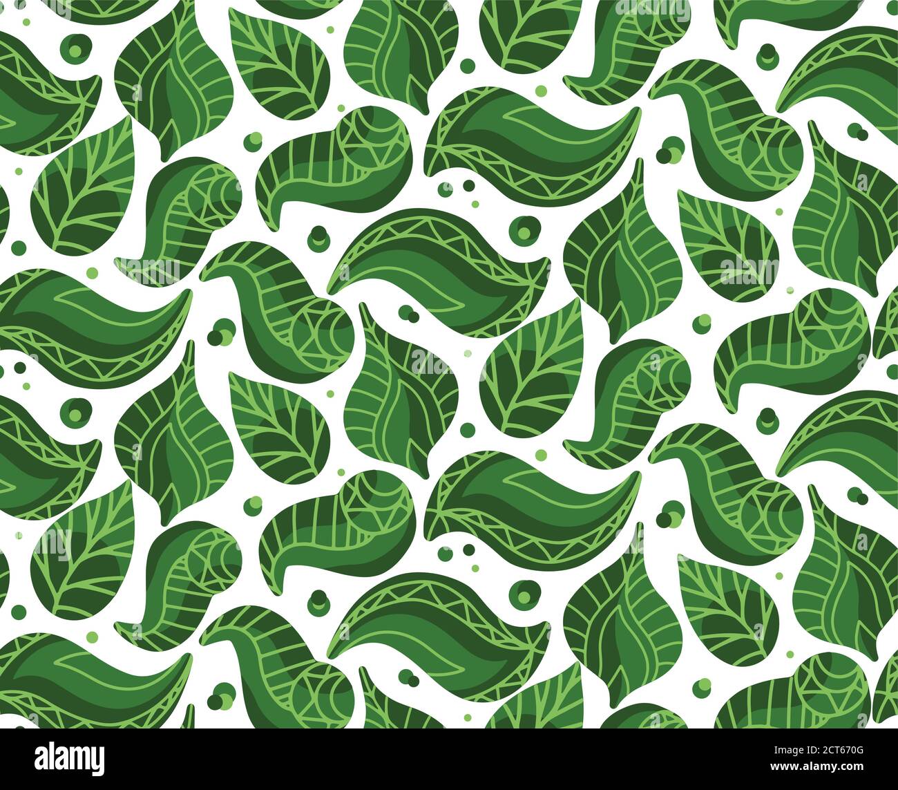 Seamless pattern with doodle leaves and decoration on white background ...