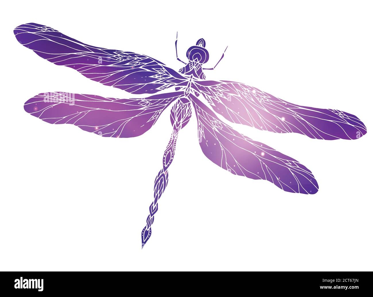 Dragonfly illustration with a boho pattern and cosmic background.  Vector element for sketching tattoos, printing on T-shirts, postcards and your crea Stock Vector