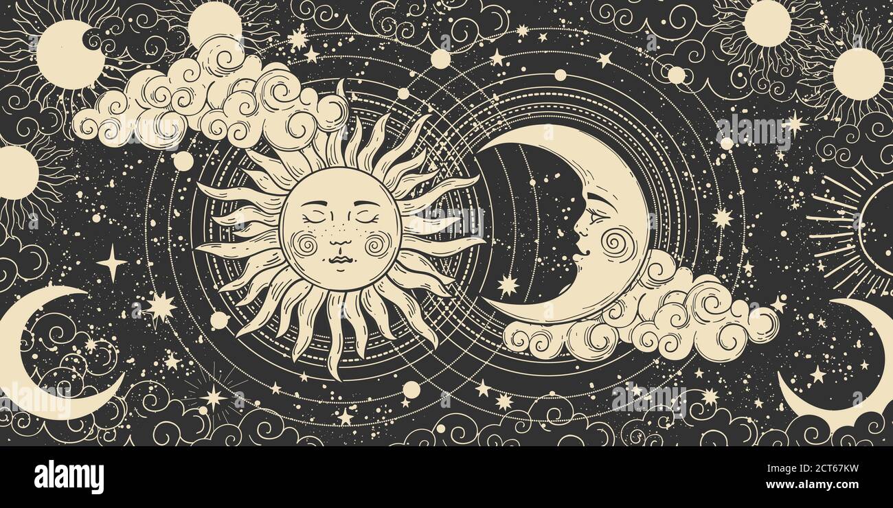 Magical banner for astrology, celestial alchemy. Heavenly art for the zodiac, tarot, device of the universe, crescent moon with a face, clouds, sun with the moon on a black background. Esoteric vector illustration, pattern Stock Vector