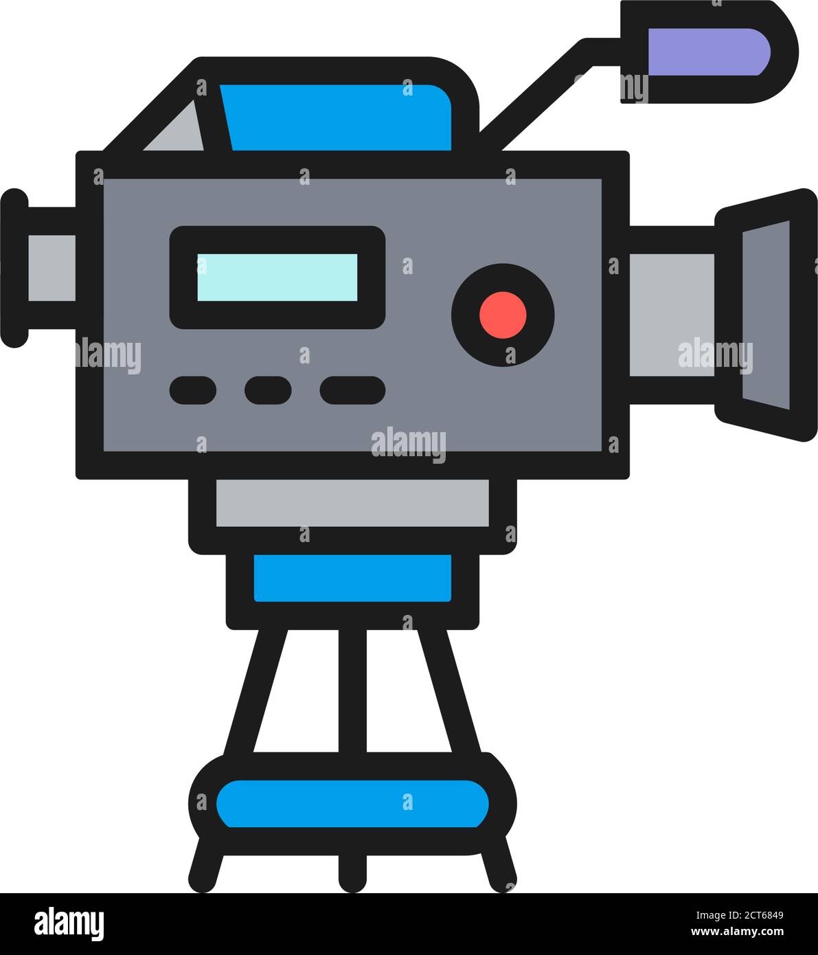 Professional cinema camera with microphone flat color line icon. Stock Vector