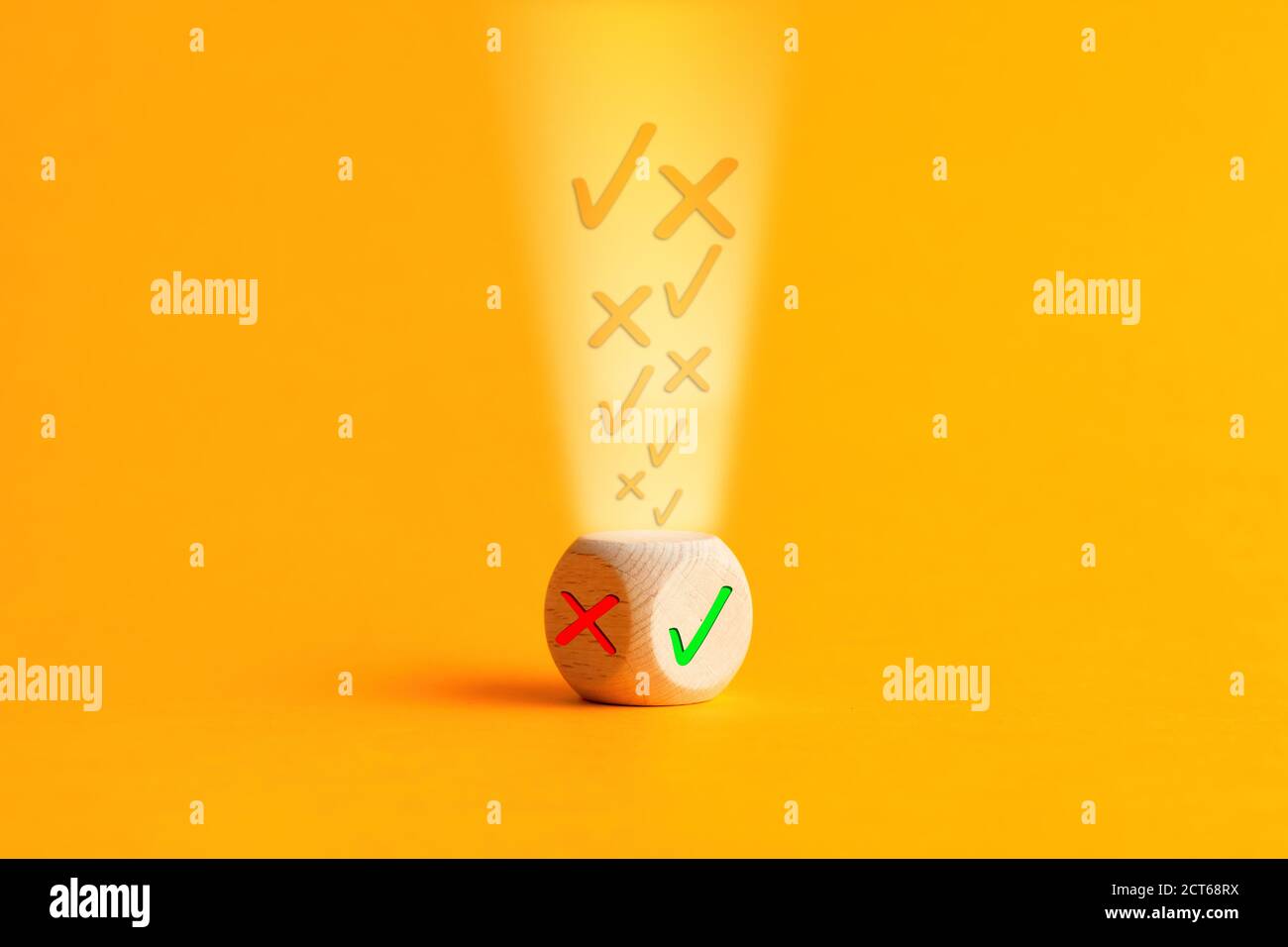 Right or wrong or check mark or cross icons are filling into a wooden ...