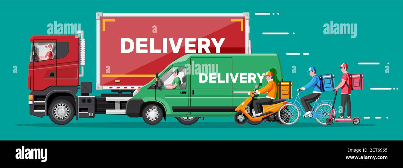Set of delivery man on van truck, scooter, motorbike, bicycle. Fast and  free delivery in city.