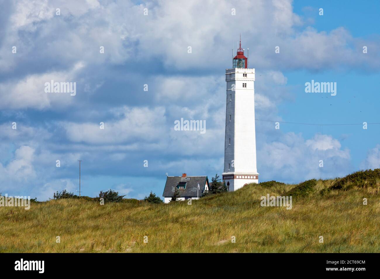 Coastal landscape with dunes and lighthouse at Blåvand, Jutland, Denmark Stock Photo