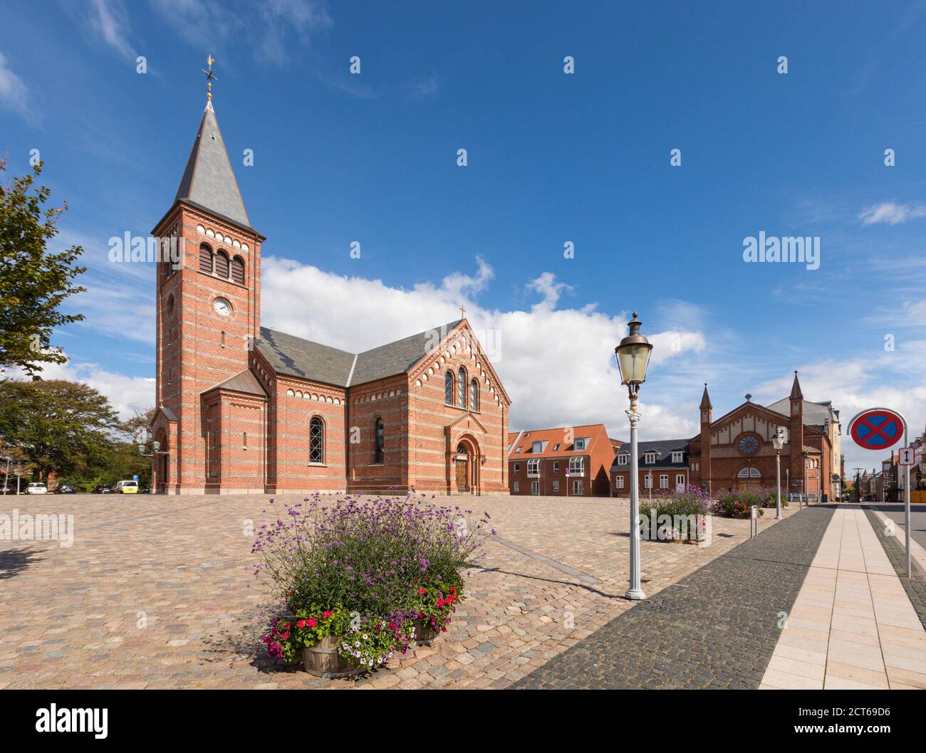 Church square with Church of our Saviour or Vor Frelsers Kirke at Esbjerg, Denmark Stock Photo