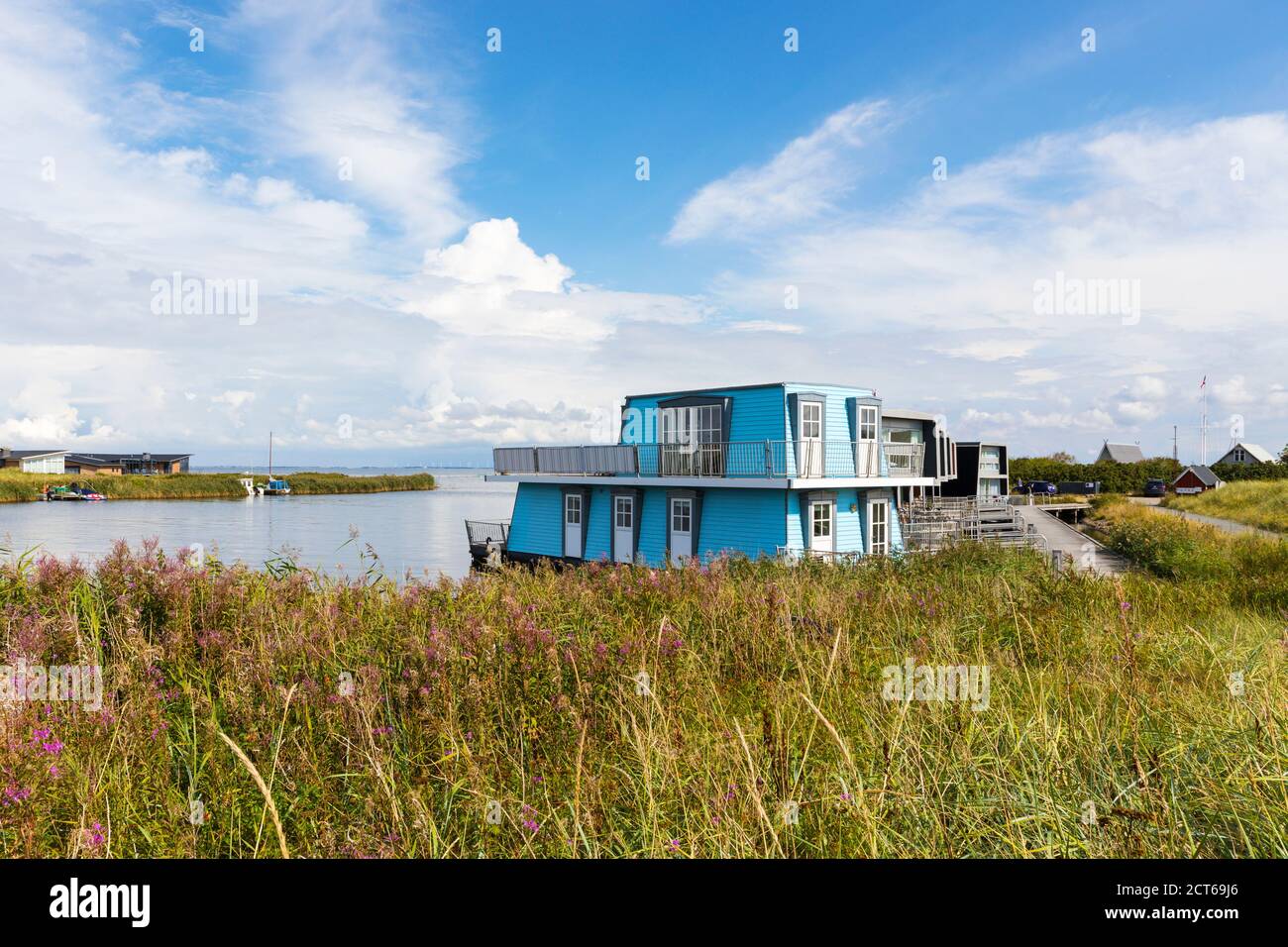 Floating holiday homes at  the old harbor of Hvide Sande, Jutland, Denmark Stock Photo