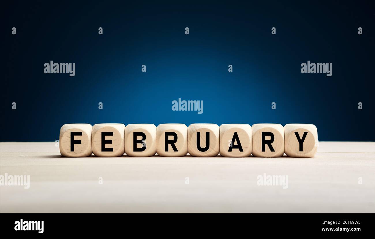 The month February written on wooden cubes with blue winter background with copy space. Month of the year. Stock Photo