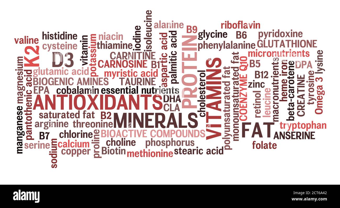 Horizontal red meat complete nutrition information word cloud in meat color scheme with all macronutrients, micronutrients, antioxidants. Stock Photo