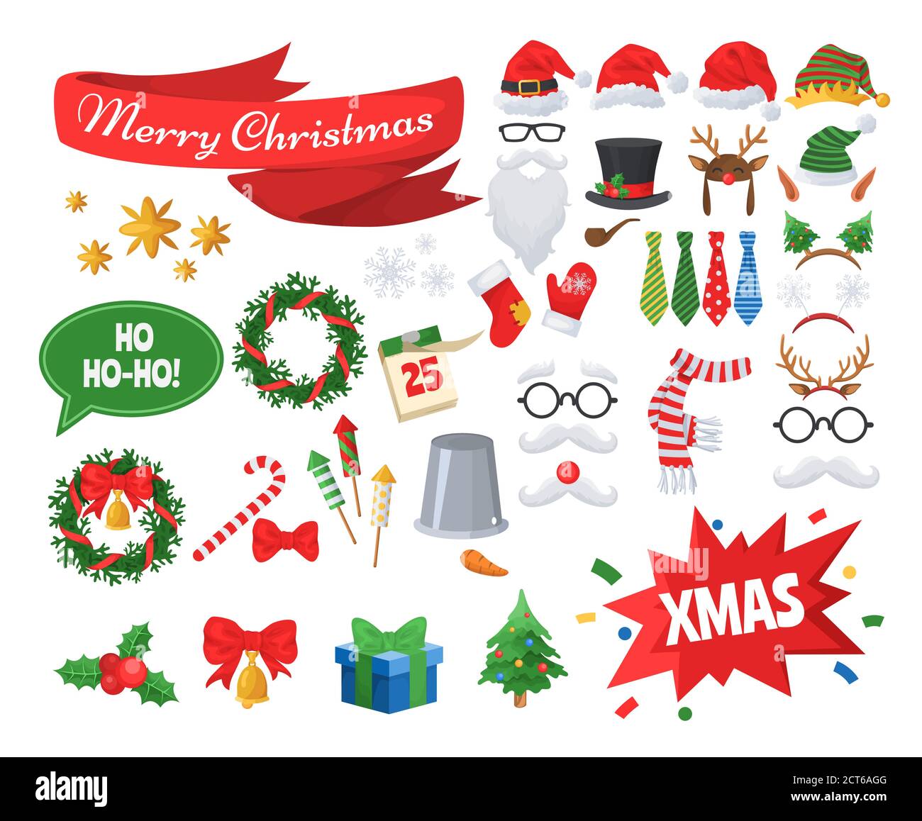 Christmas photo booth props and party decoration set flat vector