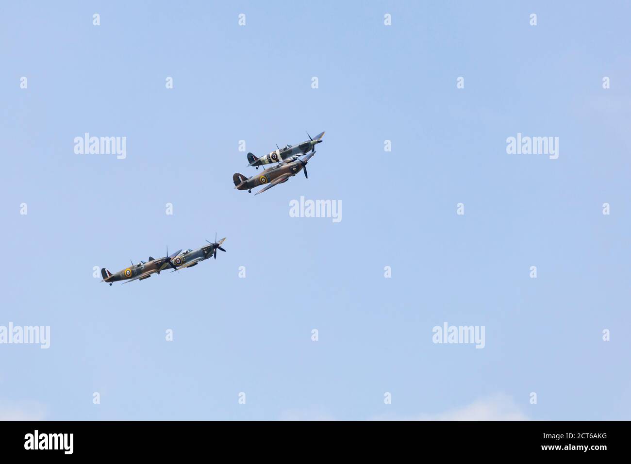 Formation of Spitfires and Hurricane of the Battle of Britain Memorial Flight, on the 80th anniversary flypast. 20th September 2020. Stock Photo