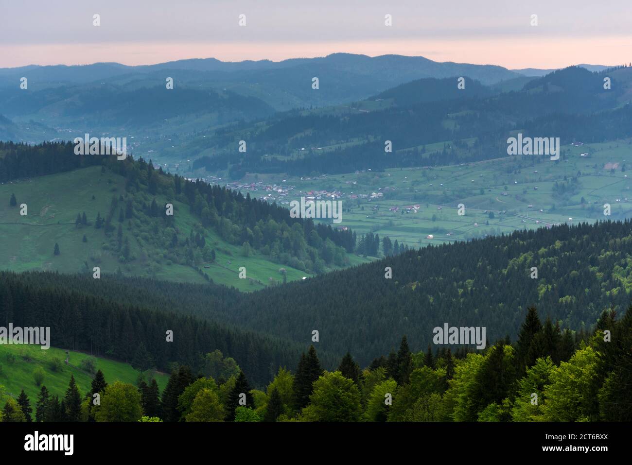 Bukovina Region (Bucovina) landscape at sunrise, Paltinu, Romania Stock Photo