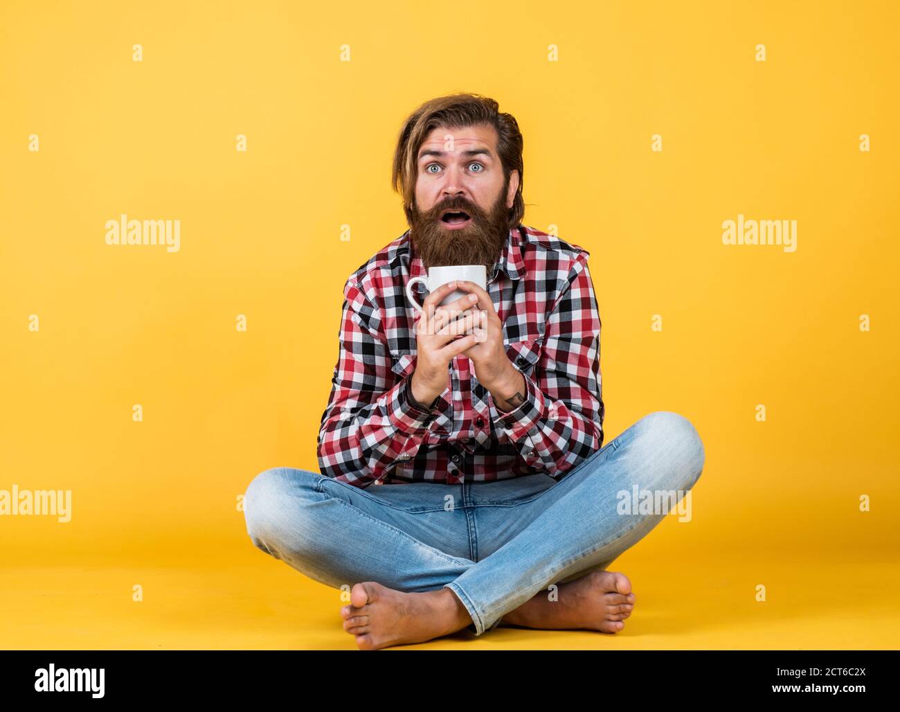 i like this. good morning to you. energetic warm beverage. need some coffee for inspiration. perfect start of the day. happy bearded man drinking morning coffee. man drink hot tea from cup. Stock Photo