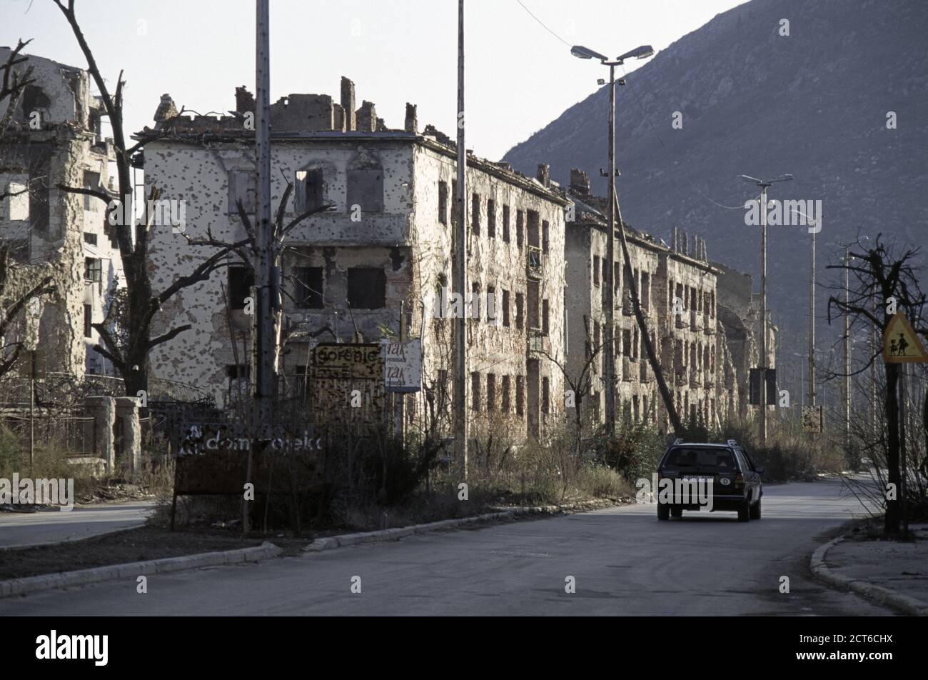 10th December 1995 During the war in Bosnia: destroyed buildings along Adema Buca street in Mostar. Stock Photo