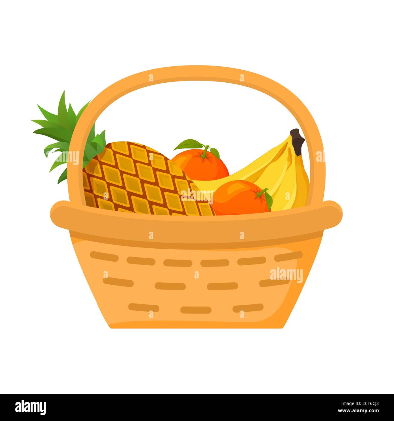 Pineapple, orange, banana fruit basket. Flat vector illustration. Harvesting tropical fruits citrus. Stock Vector