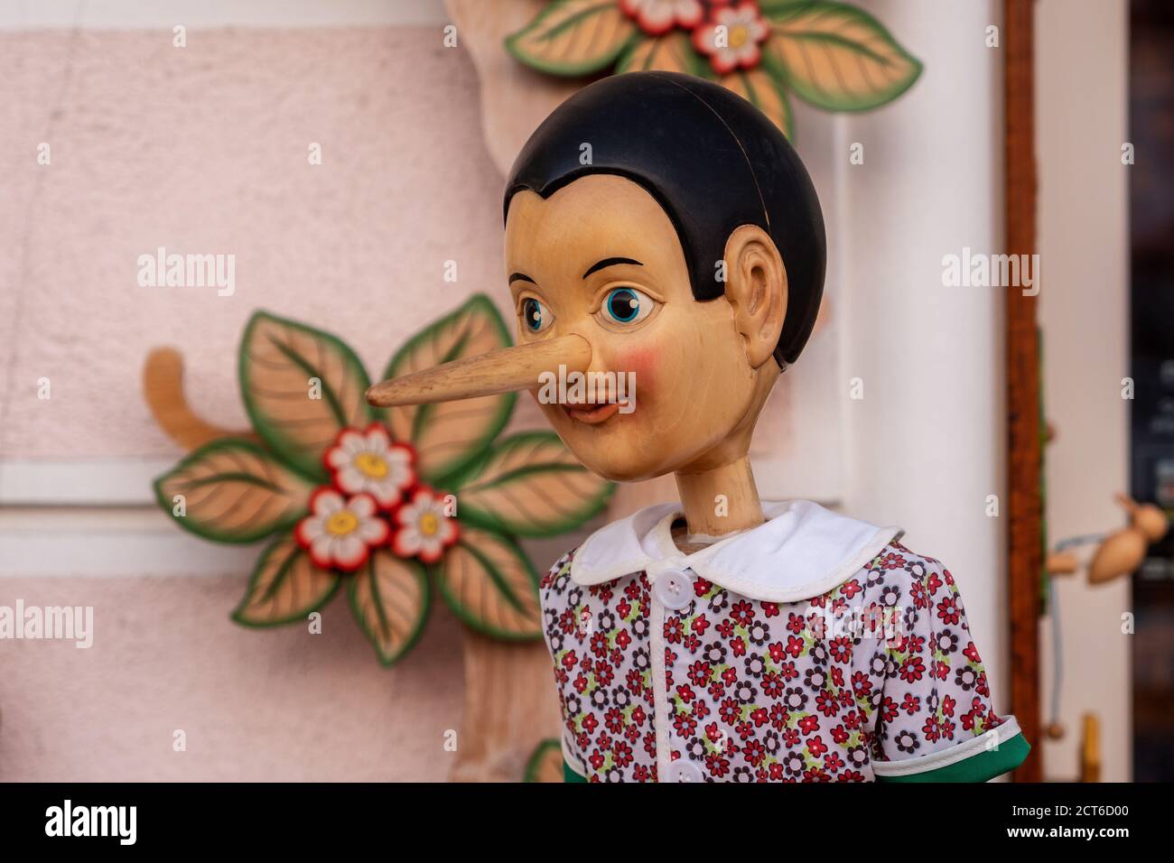 Cesenatico, Italy, July 2020: Wooden statue of Pinocchio with donkey ears and long nose. Pinocchio is the protagonist of a famous Italian fairy tale. Stock Photo