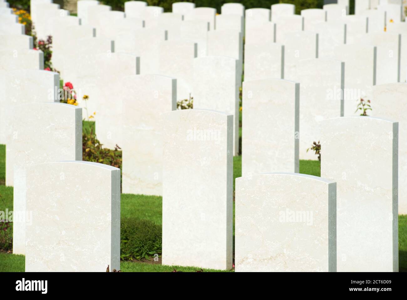 Bayeux, France - August 20, 2014: Headstones lined up in the British cemetery Stock Photo