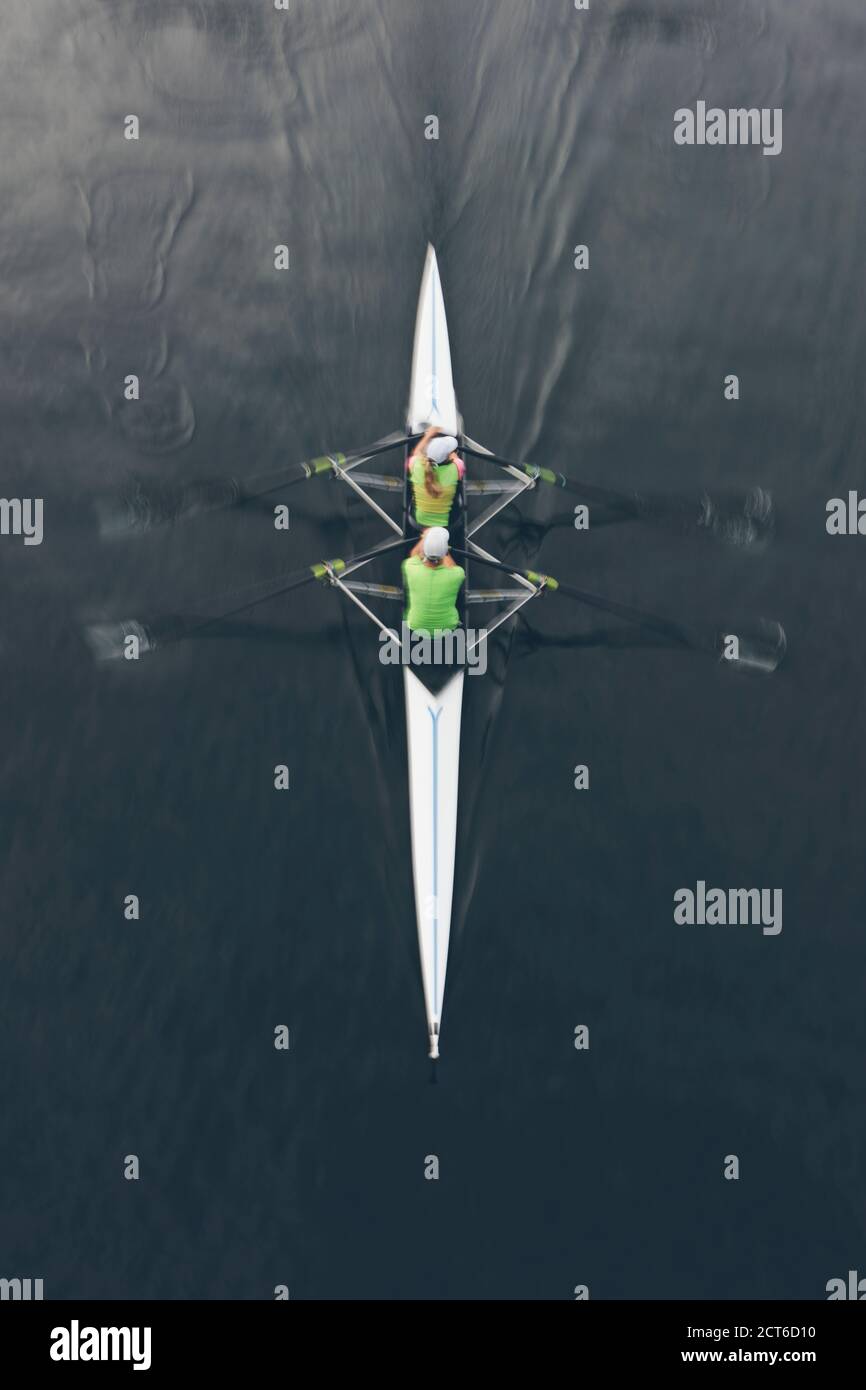 Overhead view of a double scull pair rowing together, two people. Stock Photo