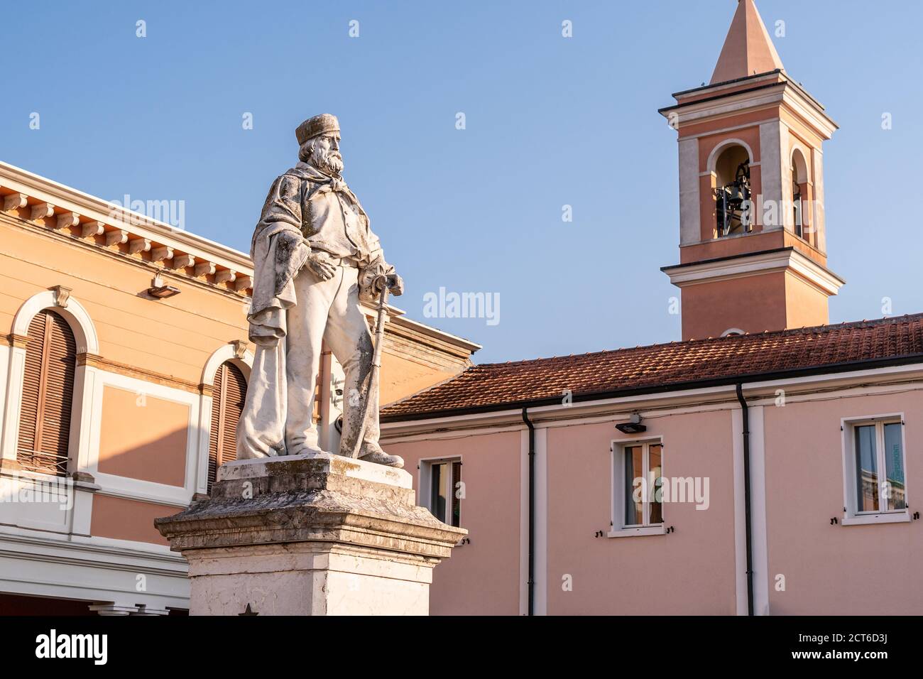 The Statue of Giuseppe Garibaldi in Cesenatico, It is situated in the Pisacane Square and is one of the first statues ever erected in Italy to the national hero. Emilia Romagna, Italy. Stock Photo
