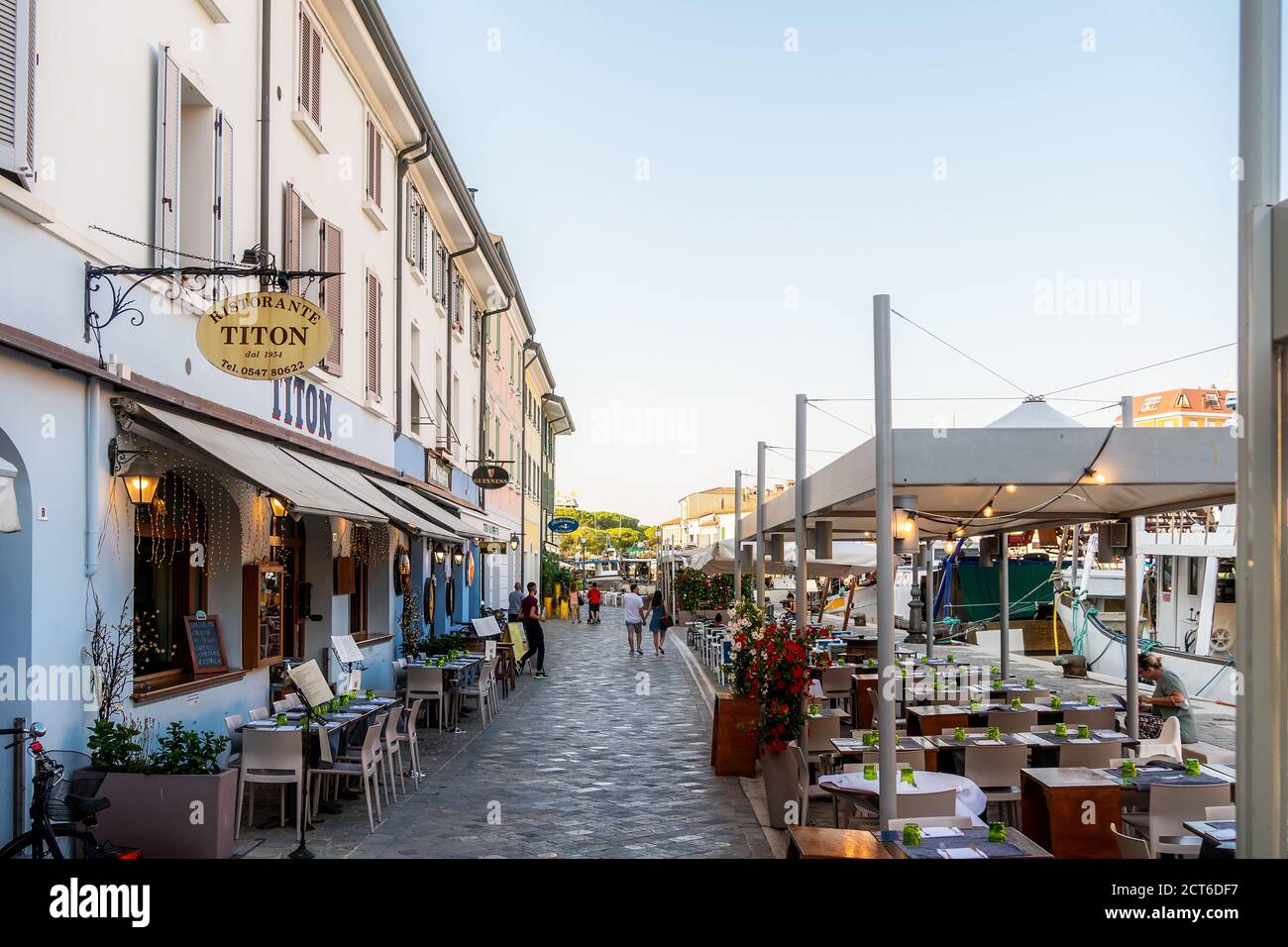 Cesenatico, Emilia Romagna, Italy, July 2020: Clubs, restaurants and pubs in the marina of Cesenatico. Stock Photo
