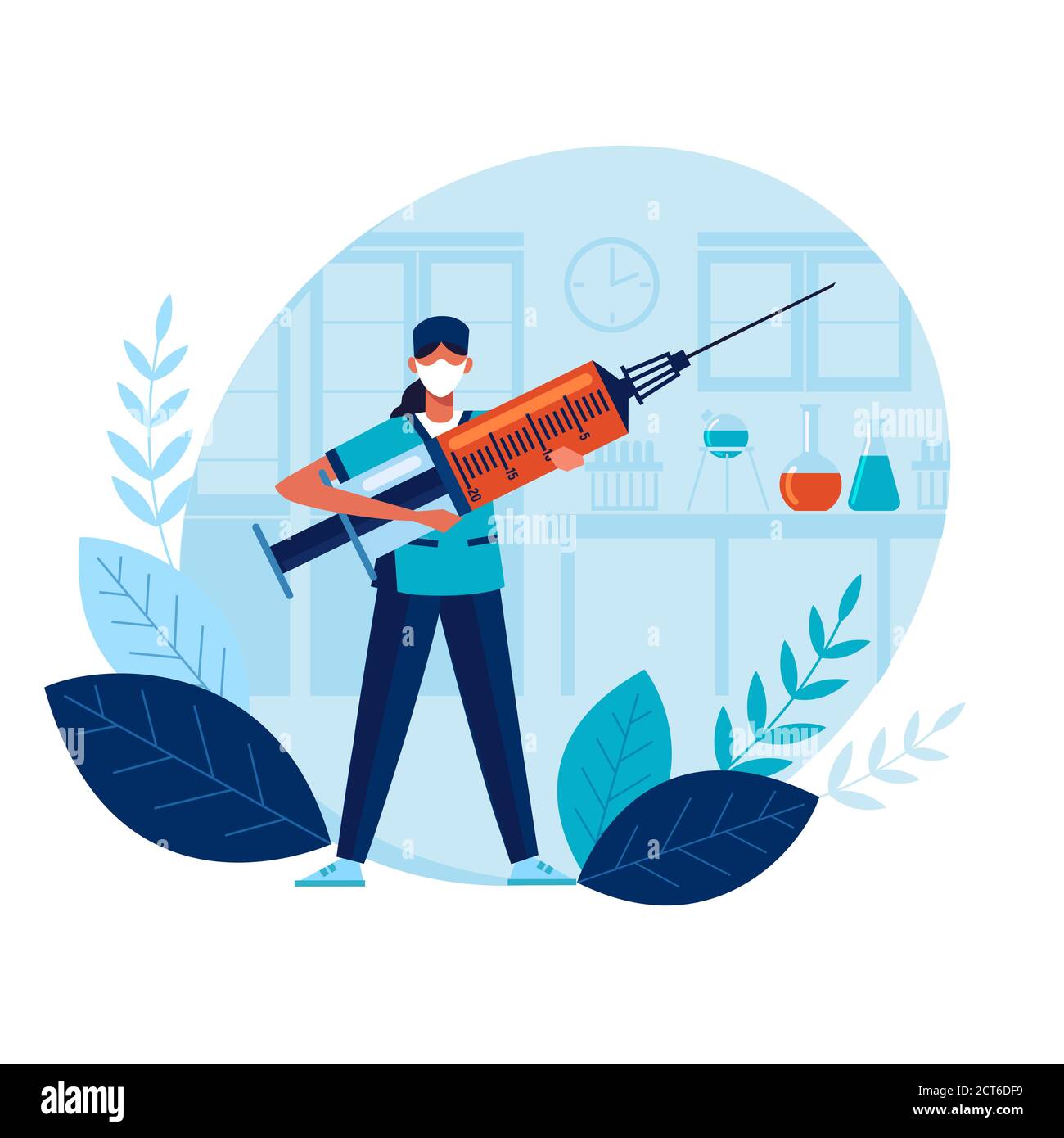 Health concept. Vaccine creation. Doctor prevents epidemic. Vaccination protects public. Laboratory research. Infection prevention concept Stock Vector