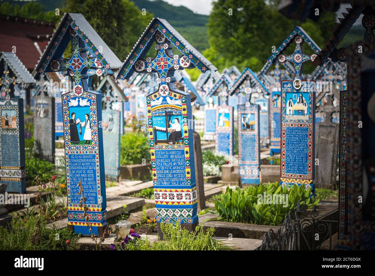 Merry Cemetery wooden carved tombstones, Sapanta, Maramures, Romania Stock Photo