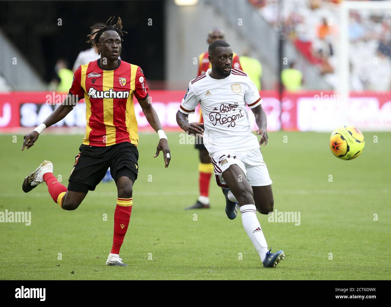 Youssouf Sabaly of Bordeaux, Issiaga Sylla of Lens (left) during the French championship Ligue 1 football match between RC Lens and Girondins de Borde Stock Photo