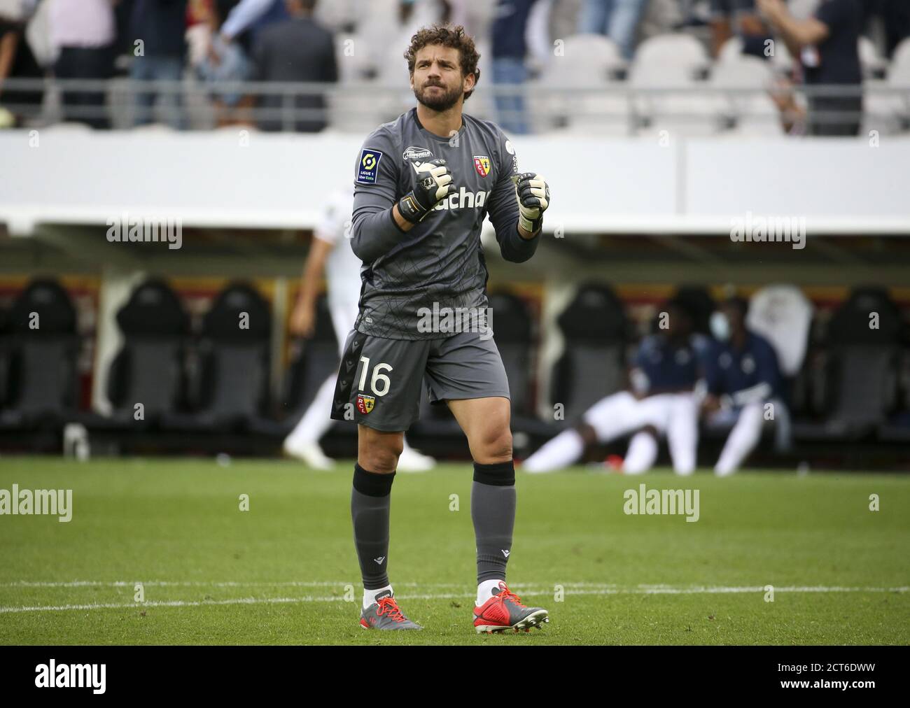 Goalkeeper of Lens Jean-Louis Leca celebrates the first goal for Lens during the French championship Ligue 1 football match between RC Lens and Girond Stock Photo