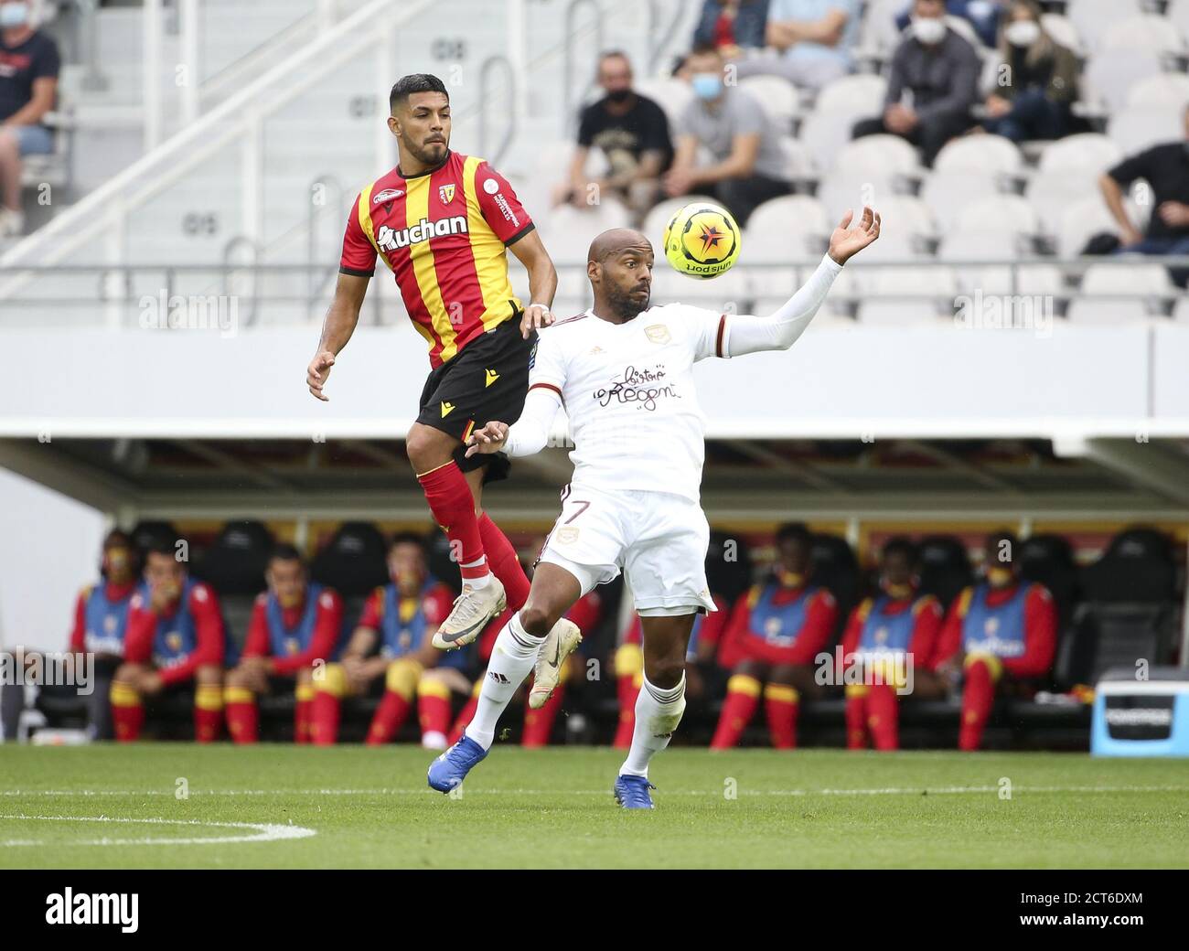 Jimmy Briand of Bordeaux, Facundo Medina of Lens (left) during the French championship Ligue 1 football match between RC Lens and Girondins de Bordeau Stock Photo