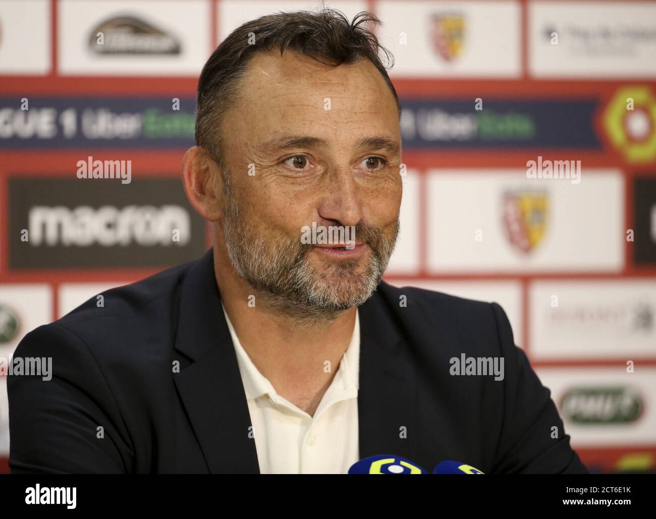 Coach of RC Lens Franck Haise during the press conference following the French championship Ligue 1 football match between RC Lens and Girondins de Bo Stock Photo