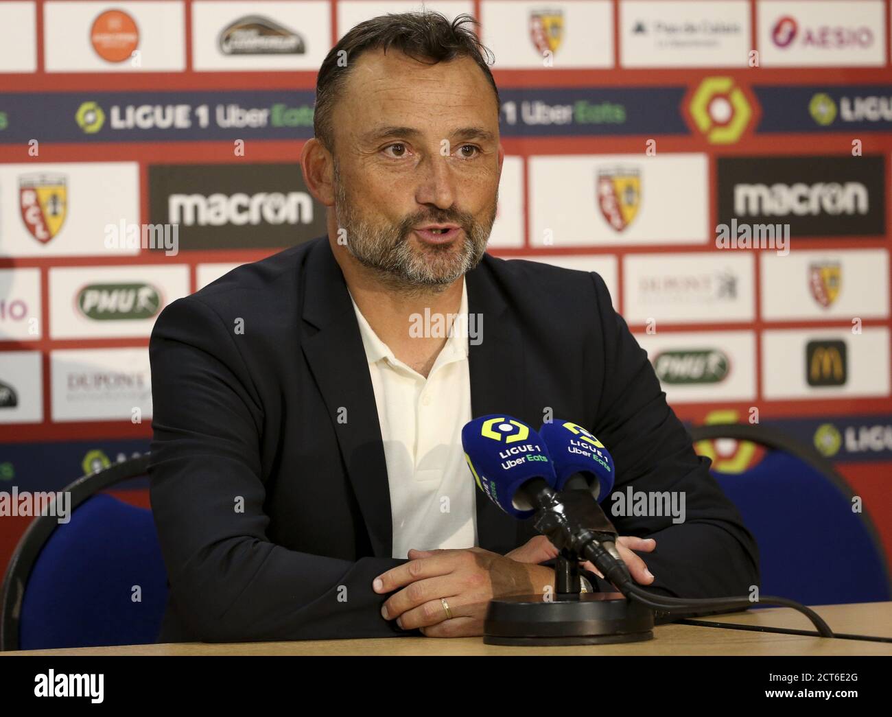 Coach of RC Lens Franck Haise during the press conference following the French championship Ligue 1 football match between RC Lens and Girondins de Bo Stock Photo