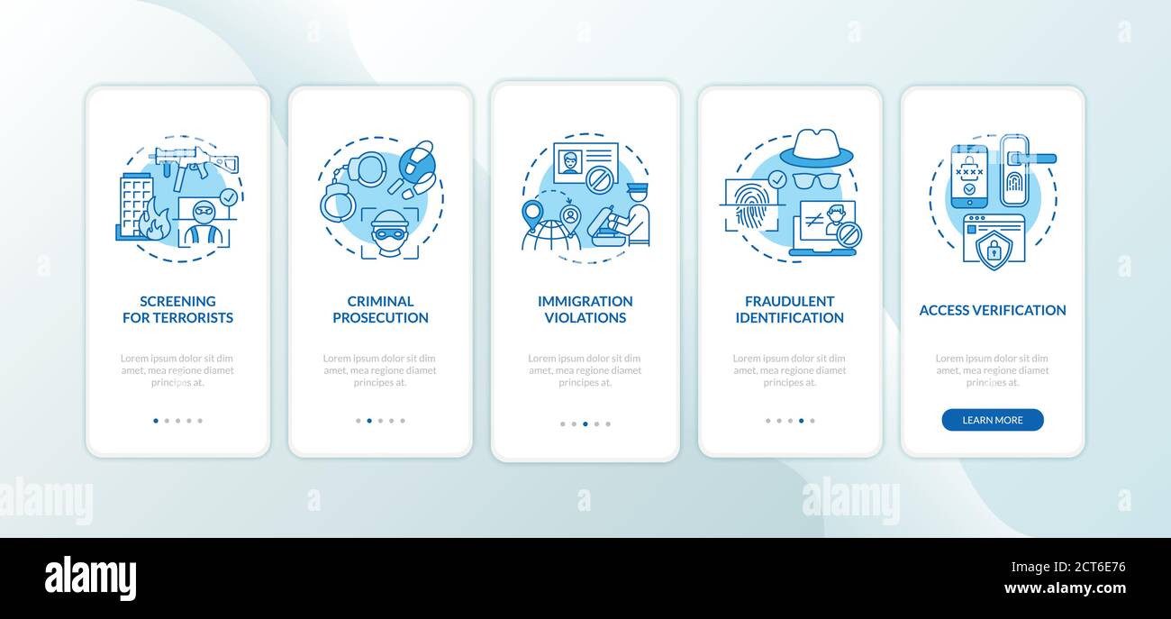 Biometrics usage onboarding mobile app page screen with concepts set Stock Vector