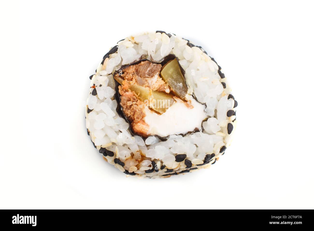 https://c8.alamy.com/comp/2CT6F7A/japanese-maki-sushi-rolls-with-salmon-sesame-cucumber-isolated-on-white-background-top-view-close-up-selective-focus-2CT6F7A.jpg