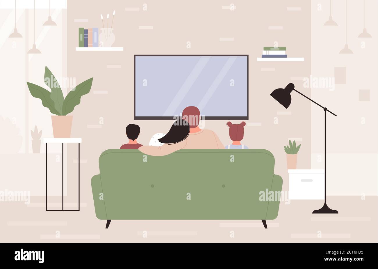 Family people watch tv vector illustration. Cartoon flat mother, father, daughter and son teenager characters watching tv together in modern home apartments living room interior, back view background Stock Vector