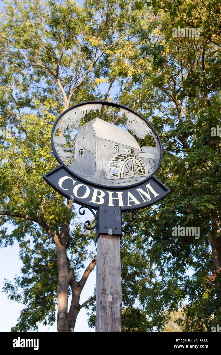 The village sign for Cobham in Surrey, United Kingdom. Stock Photo