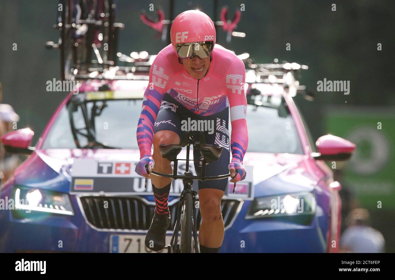 Rigoberto Uran of EF Pro Cycling during the Tour de France 2020, cycling race stage 20, Time Trial, Lure - La Planche des Belles Filles (36,2 km) on S Stock Photo