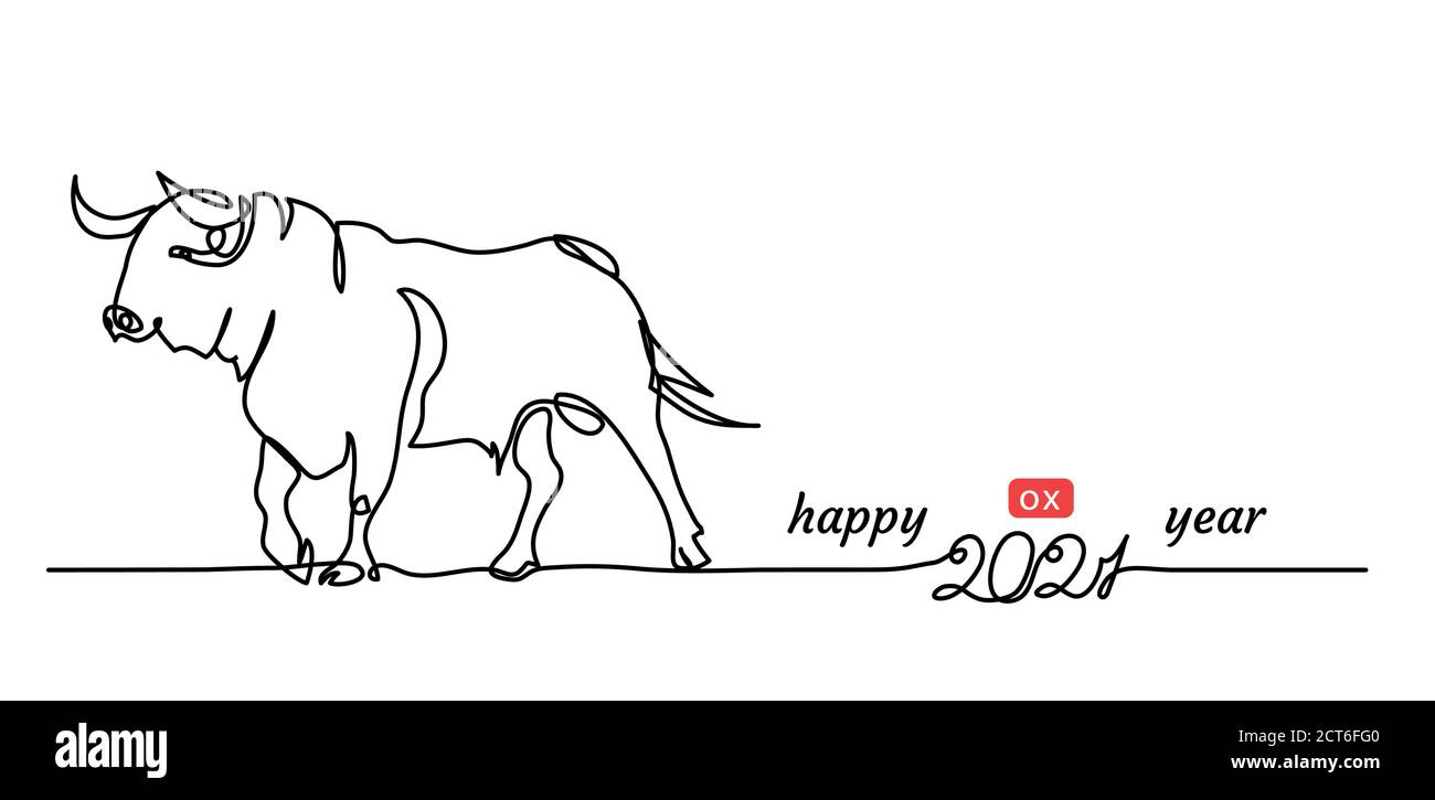 Chinese new year 2021 banner with white cow, bull. Happy ox Year simple vector banner, background. One continuous line drawing with text 2021 Stock Vector