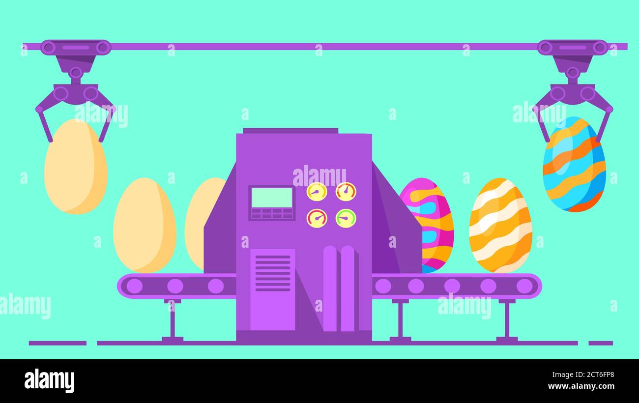 Easter eggs coloring conveyor. Flat festive vector illustration. Stock Vector