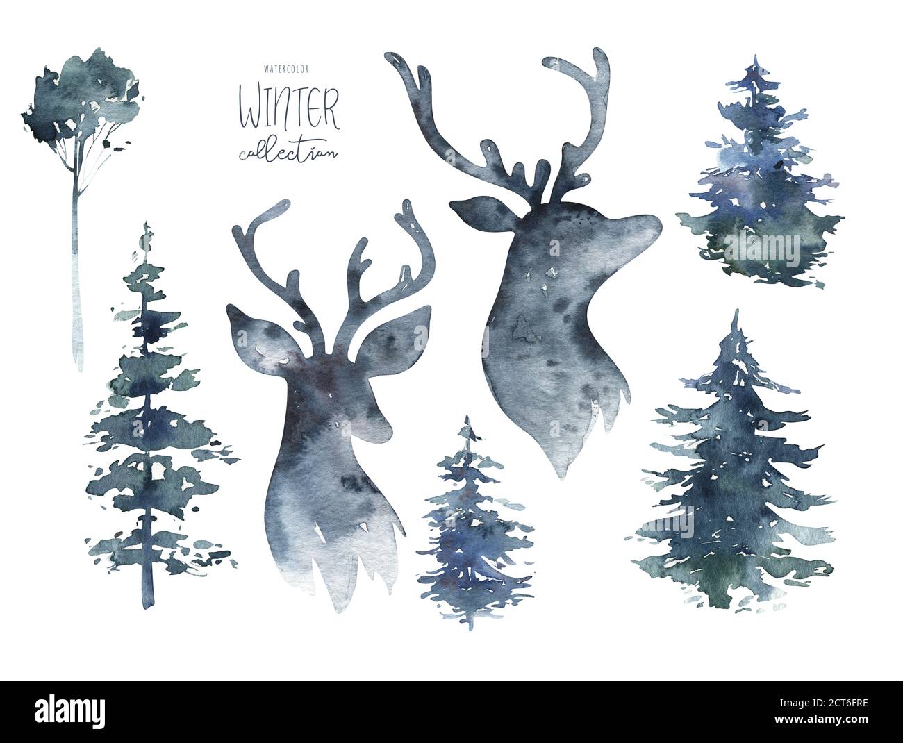 Watercolor Winter Forest With Deer Head Christmas Tree Landscape With