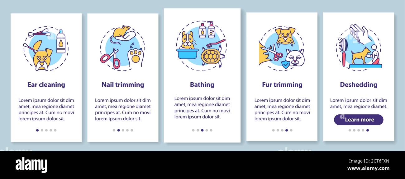 Grooming services types onboarding mobile app page screen with concepts Stock Vector